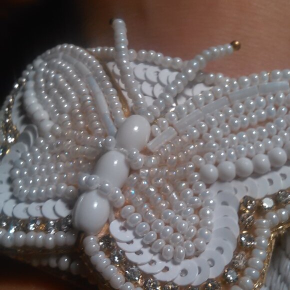 Handcrafted White Seed Bead And White Crystal Butterfly Cuff Bracelet - Picture 12 of 12
